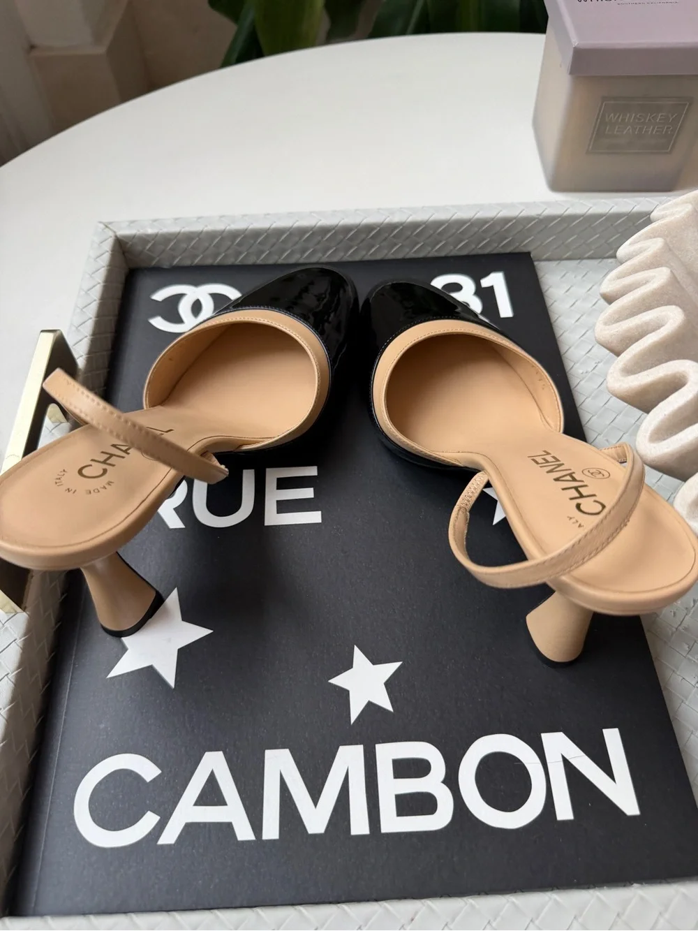 CHANEL SS 26 BLACK BEIGE 2 TONE LEATHER PATENT HEELS SLINGBACKS PUMPS SHOES 38